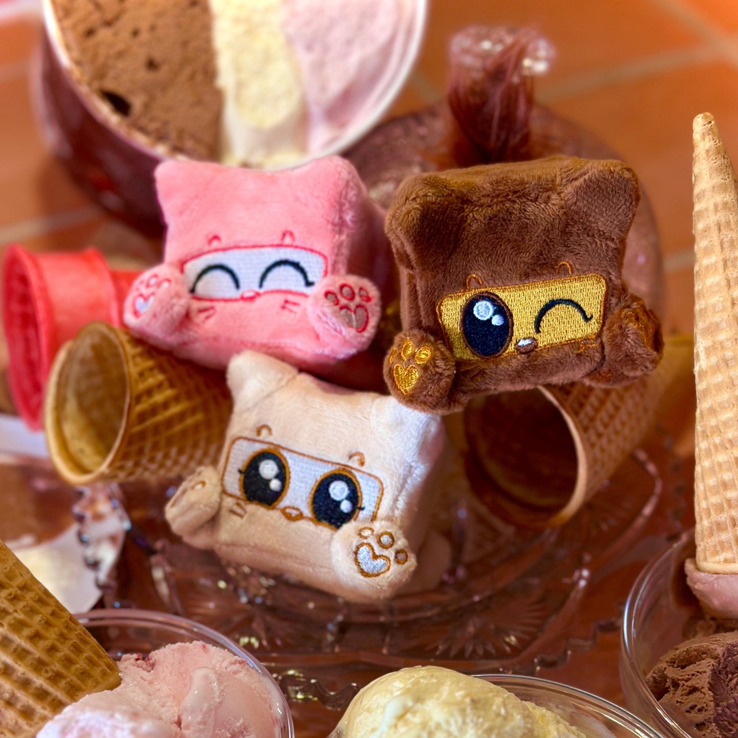 Collect ALL 3 Neapolitan Ninjas: 2" cube shaped plushies: Strawberry, Vanilla, and Chocolate